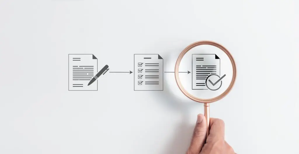 Illustration of the EU GMP compliance process showing document creation, checklist review, and final approval with a magnifying glass.