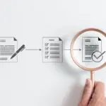 Illustration of the EU GMP compliance process showing document creation, checklist review, and final approval with a magnifying glass.
